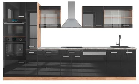Vicco Küchenzeile R-Line, Anthrazit Hochglanz/Goldkraft Eiche, 350 cm mit Hochschrank, AP Marmor