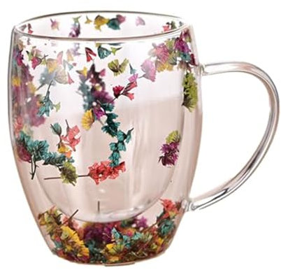 Double Walled Coffee Mug 350ml Dried Flower Glass Coffee Mugs Heat-resistant Clear Coffee Mug Creative Glass Mugs with Handles Reusable Clear Coffee Cups for Juice Tea Coffee Preserved Flower Clear C