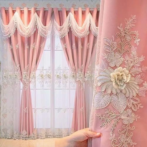 Amidoudou 1 Pair Luxury European Curtains with Wavy Valance for Living Room Bedroom Double Layer Embroidered Curtains (Pink,66 x 90 Inch)