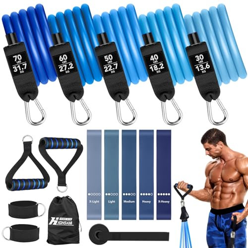 Resistance Bands Set,5 Fitnessbänder,Widerstandsband mit Griff Knöchelriemen Tragtasche, 5 Latex-Fitnessbänder für Krafttraining Physiotherap