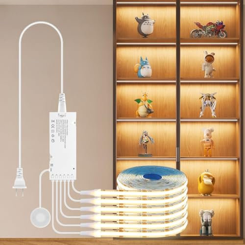 AIMENGTE COB LED Strip 3m, 6 rollos 12 V blanco cálido Paneles acústicos Cortable COB LED Strip, con interruptor táctil y regulador manual, para vitrinas de vino, estanterías, armarios