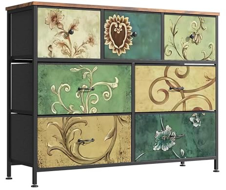 BHFFTHK Kommode mit 7 schubladen aus Stoff,30 cm Schmal Schminktisch Komodenschrank Schubladenschrank für Schlafzimmer TV Schrank Schrank mit Stoffschubladen Metallrahmen Holzoberfläche
