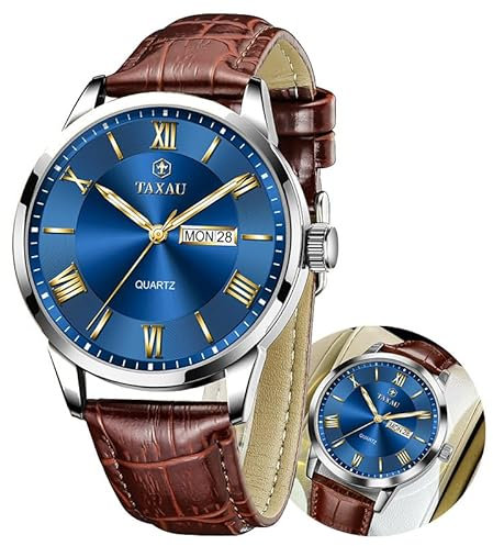 Taxau Watches Business Freizeit Herren Uhren Temperament Herren Armbanduhr Römische Ziffern Herrenuhr Männer Uhr Mit Datums- Und Tagesanzeige Mens Watches Braunes Armband Blaues Zifferblatt