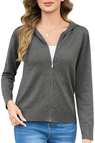 Aottori Strickjacke Damen Kurz Cardigan mit Kapuze Reißverschluss Langarm Kapuzenpullover Herbst Winter Jacke Elegant Casual Strickcardigan Pullover Outerwear Strickmantel Grau L