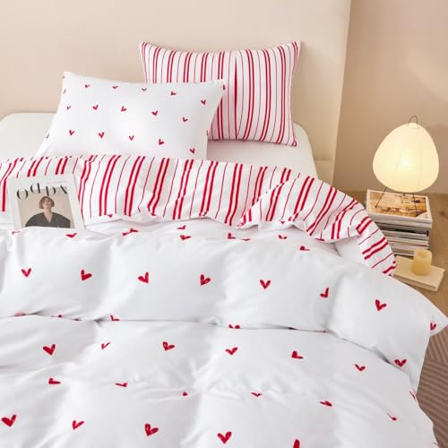 Sedefen Bettwäsche 135x200 Rot Weiß mit Herzenmuster Bettwäsche aus Microfaser,Aesthetic ÖKO-TEX Bettwäsche Set Herzchen Wende Bettwäsche mit Reißverschluss und 1 Kissenbezug 80x80 cm