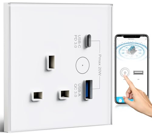 BSEED WiFi Socket 1 Gang with USB and Type C Compatible with Alexa and Google Home, Timer Socket With APP Remote Control Compatible with Smart Life, Smart Socket 13A White
