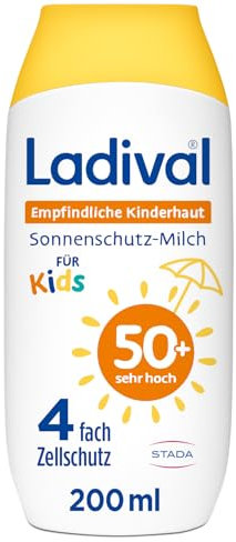 Ladival Kinder Sonnencreme Milch LSF50+ für empfindliche Kinderhaut, Babys und Kinder ab 6 Monaten, extra wasserfest, 4-fach Zellschutz, 200ml