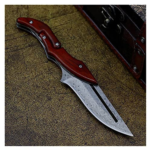 Damasco Cuchillo plegable D2 Cuchillo plegable de acero Cuchillo de bolsillo al aire libre Cuchillo de caza de jungla Cuchillo de cuchilla fija con mango de madera de pera(H zdd1 A)