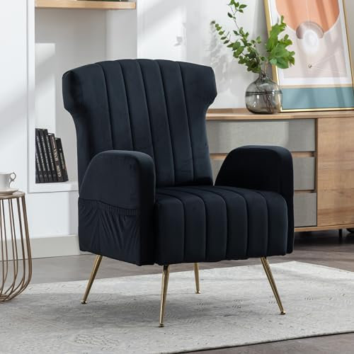 (Old SKU:W1880119442) Samt Wingback dekorativen Stuhl mit Metallic Gold Beinen, gepolsterte Sessel, Side Chair, Casual Single Sofa, Wohnzimmer Schlafzimmer Büro Lesesessel weich und bequem
