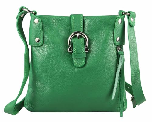 Made in Italy Damen Leder Tasche Schultertasche Crossover Handtasche Umhängetasche Bodybag Abendtasche Crossbody Ledertasche Grün