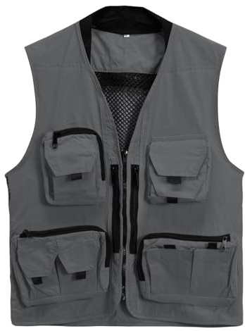 YOUTHUP Mens Fishing Vest Summer Outdoor Utility Work Vests Multi-pocket Photography Travel Safari Gilet, Grey, XL