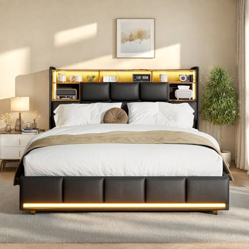 Bett 160x200, Polsterbett Doppelbett mit LED und USB, Boxspringbett Jugendbett mit Stauraum Kopfteil, Hydraulisch Stauraumbett Rückenlehne Bettgestell mit Lattenrost, Schwarz, PU, Ohne Matratze