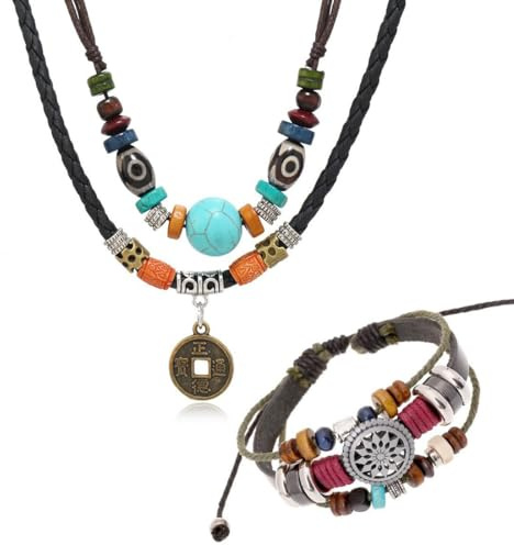 JEYORZY 2 Pcs Boho Schmuck Set Für Damen, Halskette Lederkette Damen, Surferkette Herren, Bohemian Stapelbare Wickelarmbänder Leder,Western Tribe Vintage Schmuck, Indianer Schmuck, Modeschmuck