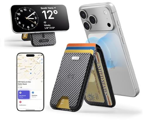 ESR Geo for MagSafe Wallet with Full Find My Functionality, 5-Card Holder | RFID Blocking, Adjustable Stand, Magnetic Wallet for iPhone 17e/17/16/15/14/13/12 Series, Not for mini, Black Carbon Fiber