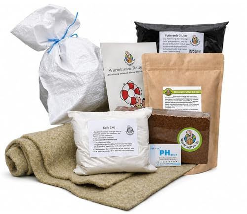 MiKoWa Wurmkiste Starter Set mit 1000 Kompostwürmern Eisenia Mix – Komplettset für Wurmkomposter inkl Anleitung Mineralfutter Hanfmatte Kokosblock pH Teststreifen Gartenkalk