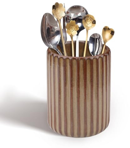 Vintage Kitchen Utensil Holder, Compact Countertop Storage for Home Bar | 3.8'' x 2.8'', Brown Glazed Porcelain, Wide Opening for Easy Wipe-Clean Care, Organizer for Spatula Spoon Fork Coffee Stirrer