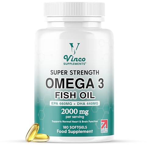 Vinco High Strength Omega 3 Fish Oil 2000mg | EPA 660mg & DHA 440mg Per Serving | Promotes Heart, Brain & Eye Health | Non-GMO GMP Certified 180 Omega 3 Softgels Capsules (3 Month Supply) - UK Made