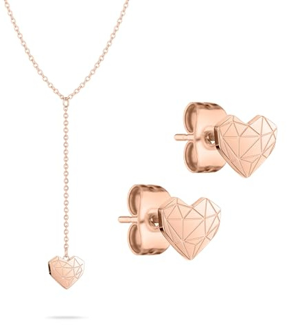 LIEBESKIND BERLIN Schmuck-Set - Y-Kette mit Broken-Heart-Anhänger und passende Ohrstecker - IP Roségold - Rolokette verstellbar bis 45 cm - wasserfest & hautfreundlich