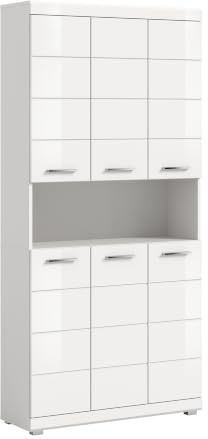 xonox.home - Hochschrank breit Scout 90x191x31 cm weiß Hochglanz/weiß | 6trg., 8 Einlegeböden, 1offenes Fach, Front weiß Hochglanz Korpus weiß, pflegeleicht, FSC-zertifiziert