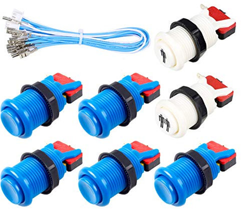 Fosiya Lot de 7 boutons poussoirs standard de type Happ 30 mm avec câble de 20 cm pour manette d'arcade et console de jeux Arcade1up (bleu)