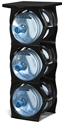 Stackable Water Bottle Storage Rack Best Water Jugs 5 Gallon Organizer. Jug Holder for Kitchen, Cabinet and Office Organizing. Reinforced Polypropylene (Black, 3 Plus Shelf)
