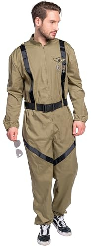 PartyXpeople Fallschirmspringer Kampfpilot Jet Pilot Flieger | Kostüm Herren | Anzug Fliegerkombi Verkleidung| Karneval Fasching oliv 14575-50