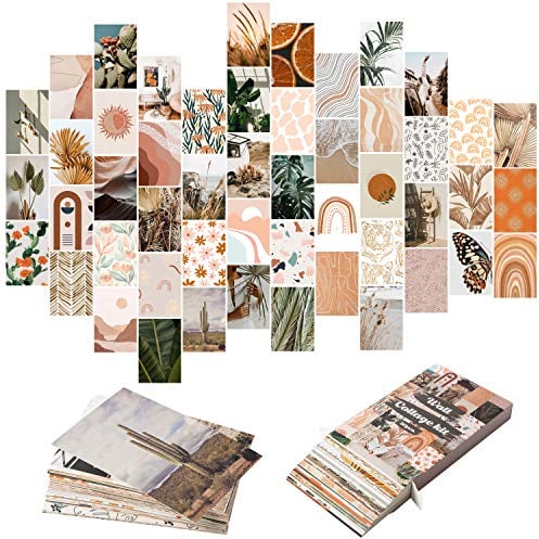 YINGENIVA 50-teiliges Boho-Ästhetik-Bilder-Wandcollage-Set, pfirsichblaugrüne Fotosammlung, Collage, Wohnheimdekoration für Mädchen, Teenager und Frauen, orangefarbenes Boho-Wanddruck-Set, kleine Post