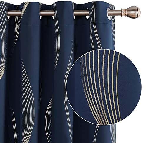 Deconovo Blackout Eyelet Curtains Thermal Insulated Gold Wave Line Foil Printed Curtains for Bedroom 46x90 Inch Navy Blue 2 Panels