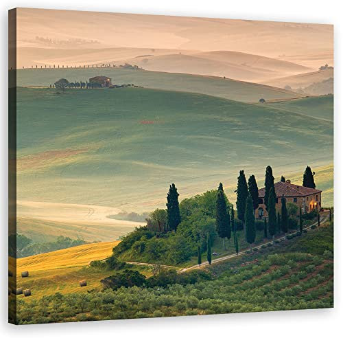 Feeby Leinwandbild Toskana Zypressen Hügel 30x30 cm Bild Kunstdruck Natur Villa Olivenbaumgarten Grün