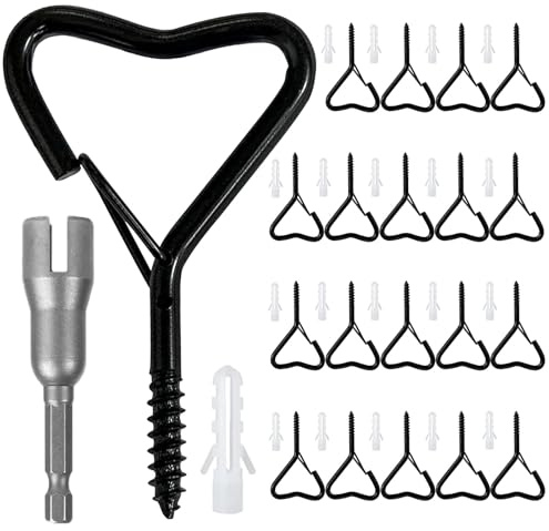 Ticway 20 Pack Q-Hanger Hooks, Screw Hooks for Outdoor String Lights Heart Love Eye Hook Heavy Duty Safety Buckle Windproof Hooks for Hanging Plants with Wing Nut Driver, Black