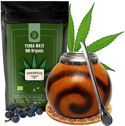 Yerba Mate-Tee YOGA Set | Mate Tee Green BIO Yogomate 400g mit Krauter | Kalebasse Mate-Tee becher | Stahl Trinkhalm Bombilla und korkpad | Brasilian Krauter mate-tee loose leaf 400g