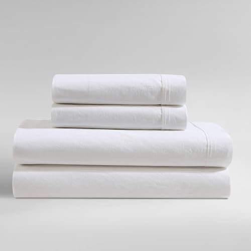 Calvin Klein Queen-Size-Bettlaken, gewaschenes Baumwoll-Perkal-Bettwäsche-Set, Moderne Heimdekoration (Weiß, Queen-Size-Bett)
