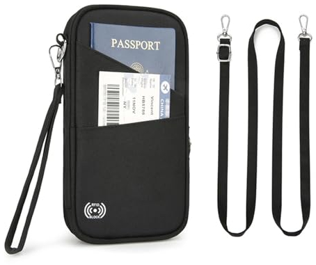 Tcdwla Reisepass Organizer, Brustbeutel Herren Damen, Reise Brusttasche mit RFID Schutz, Reisedokumententasche mit Mehreren Taschen, für Bargeld, Karten, Schlüssel, Reisepass, Bordkarten (Schwarz)