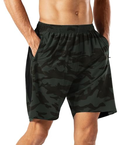 HMIYA Short d'entraînement sportif décontracté pour homme à séchage rapide avec poches à fermeture éclair pour le running ou le gym, vert camouflage, XL