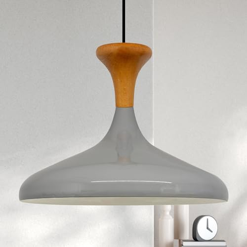bamyum Champion Pendelleuchte aus Holz, 35 cm Hängelampe Metall E27 Moderne Esstisch Lampe, Skandinavisch Pendellampe für Schlafzimmer Wohnzimmer Küche Esstisch, Küchenlampe Hängend Grau