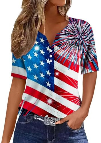 Hauts d'été pour femmes 2024 4 juillet chemises drapeau américain T-shirt patriotique habillé décontracté chemises amples, gris foncé, Taille XL