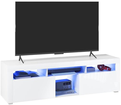 HOMCOM Meuble TV, Banc TV, Meuble de télévision, jusqu'à 55 Pouces, avec lumières LED, étagères et placards, 150 x 38 x 45 cm, Blanc laqué