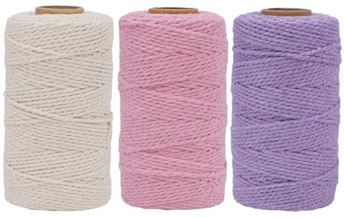 FOGAWA 3 Rouleaux Fils pour macramé 2mm x 100m Corde Macramé Fil macramé Naturel Coton Fil à Macramé pour Crocheter Bricolage Décoration, Suspension Plantes(Rose + Beige + Violet Clair)