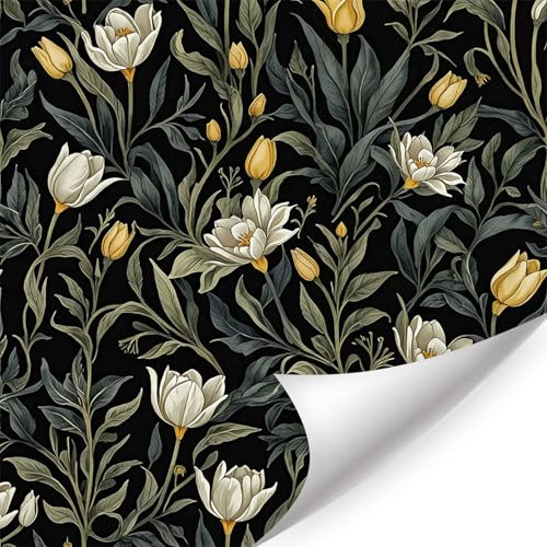 HPNIUB Schwarz-Grüne Botanik-Tapete Selbstklebend - Vintage Blumenmuster Abziehbare Wandfolie für Wohnzimmer, Schlafzimmer & Bad (44x300cm)