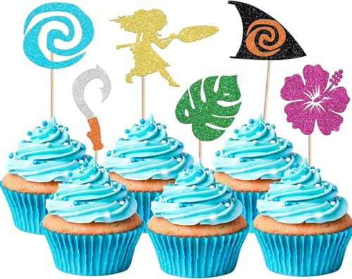 SYKYCTCY 30 Pack Moana Happy Birthday Cupcake Toppers Palm Leaf Flower Cupcake Picks for Tropical Hawaiian Luau Theme Kids Birthday Party Cake Decorations Supplies