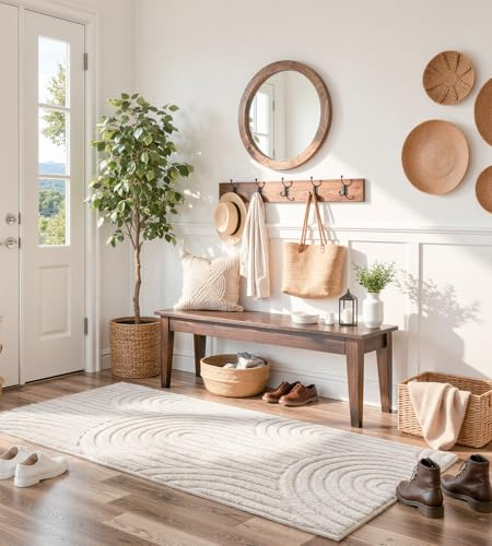 ROHATIM Teppich Läufer Beige 80x150 cm mit Relief-Struktur Kreise, Weicher Soft-Flanell, rutschfest, Waschbar & Faltbar, Moderner Deko-Akzent für Flur & Küche