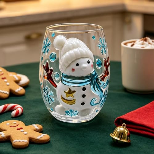 3D Christmas Glass Art Cup, Raised Holiday Glassware Stemless | Santa Decor Drinking Glass Cup, for Coffee, Tea, Juice, Milk, Home Festive Decor
