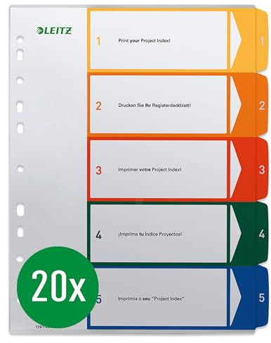 Leitz Register für A4, 20er Pack, PC-beschriftbares Deckblatt und 5 Trennblätter, Taben mit Zahlenaufdruck 1-5, Überbreite, Weiß/Mehrfarbig/Transparent, Polypropylen, 12910000