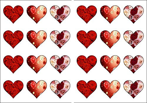 24 Heart Shaped Valentines Day Love Red Roses Themed Edible Wafer Paper Cake Toppers Decorations - 3 Designs