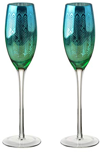 Artland - Peacock Champagne Flutes - Blue/Green & Silver | Set of 2 | 200ml Capacity Per Glass | An Engagement Gift or Wedding Present