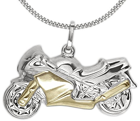CLEVER SCHMUCK Motorrad Halskette Anhänger 3D bicolor mit Kette Panzer 45 cm lang 925 Sterling Silber 925 im Schmucketui