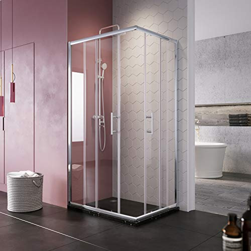 SIRHONA Cabine de douche 100x100x185cm coulissante entrée d'angle de douche cabine douche à double porte coulissante 5 mm verre cabine douche