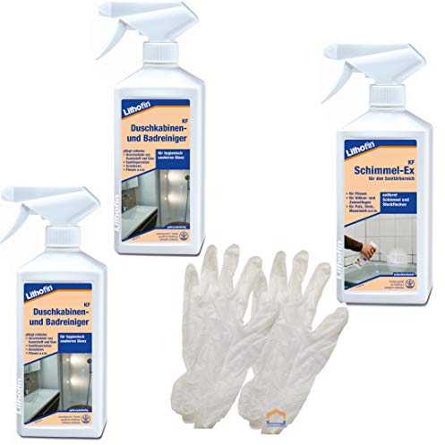 HAUSWERK.shop Lithofin KF Duschkabinen- & Badreiniger 2x + KF Schimmel - Ex/Einweghandschuhe