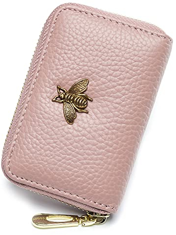 imeetu RFID-Kreditkartenhalter, kleines Leder, Reißverschluss, Kartenetui für Damen, 12 Kartenfächer (Rosa)