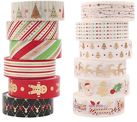 Washi Tape, 12 Rollen Weihnachten Dekoration Washi Tape, Craft Washi Masking Tape für DIY Scrapbooking Geschenkverpackung, selbstklebendes Klebeband für Home Bedroom Decor